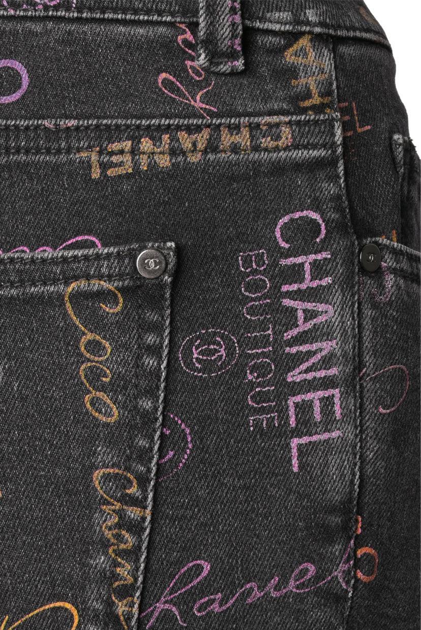 Chanel Size 36 Graffiti Logo Printed Denim Jeans
