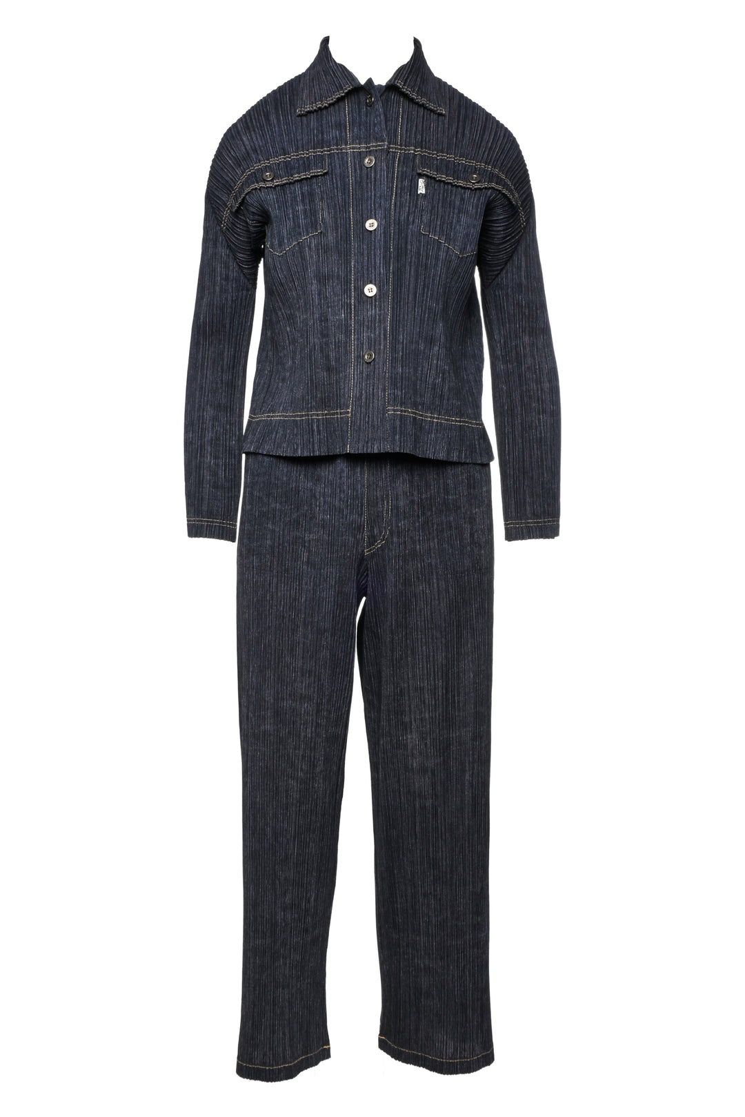 Pleats Please Size S Denim Print Pleated Blouse & Pant Set