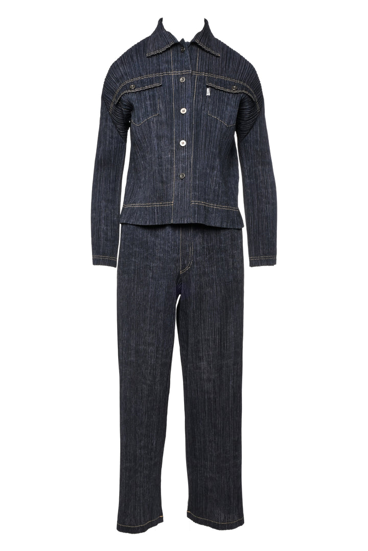 Pleats Please Size S Denim Print Pleated Blouse & Pant Set