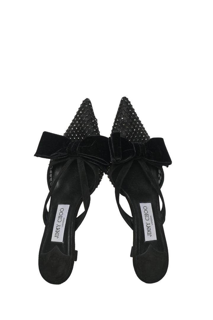 Jimmy Choo Size 38 Flaca Bow & Crystal Embellished Mesh & Suede Mules