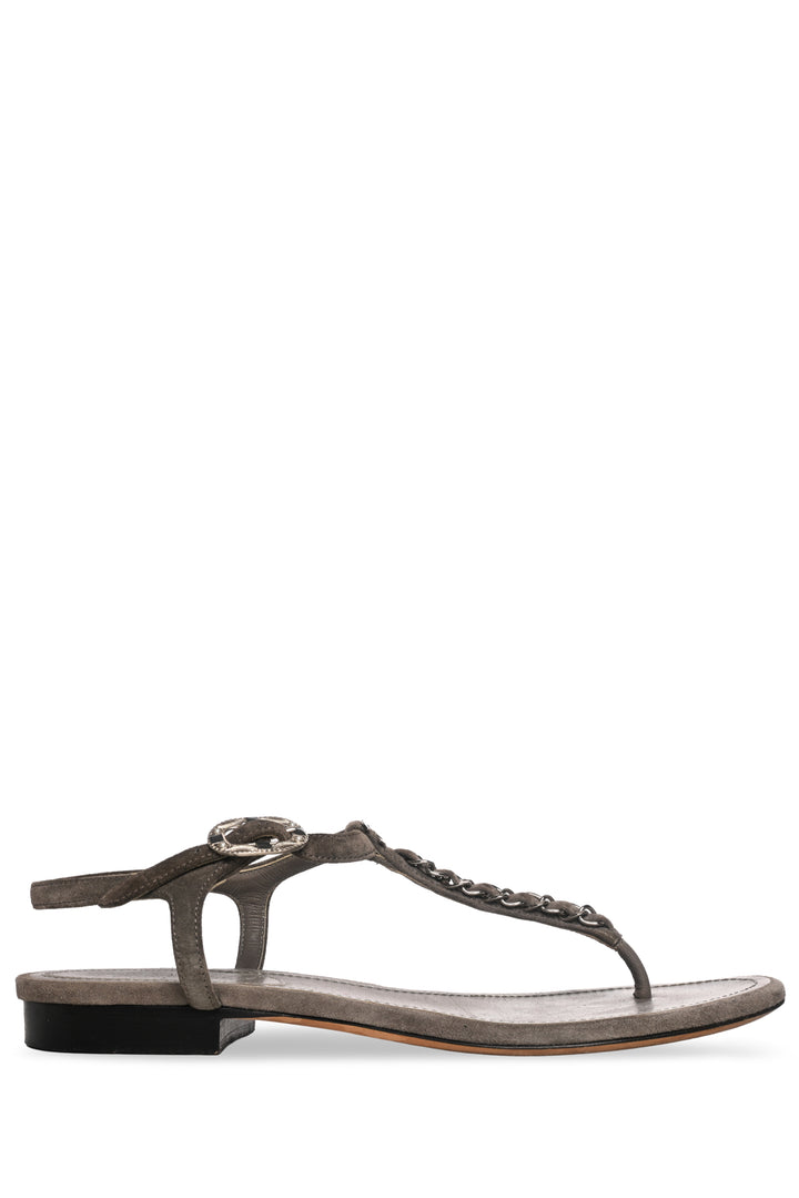 Chanel Size 37 CC Logo Suede T-Strap Sandals