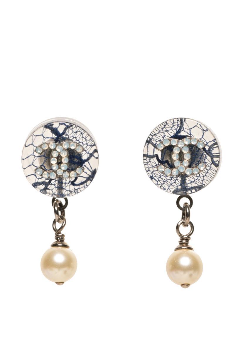 Chanel 2013 Lace & Crystal CC Round Resin Faux Pearl Bead Drop Earrings