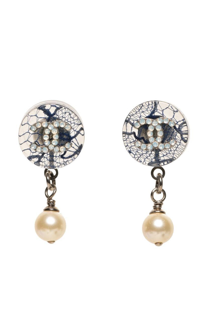 Chanel 2013 Lace & Crystal CC Round Resin Faux Pearl Bead Drop Earrings
