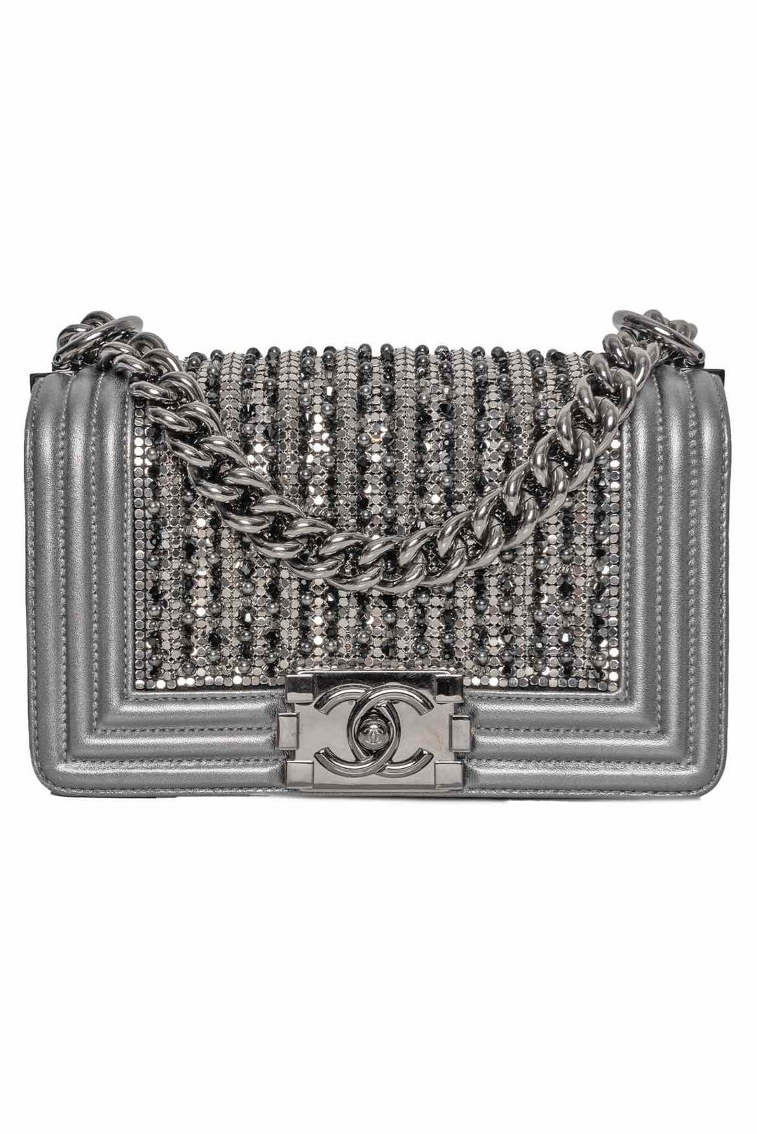 Chanel 2015 Glass Pearl Embellished Metallic Lambskin Small Boy Bag