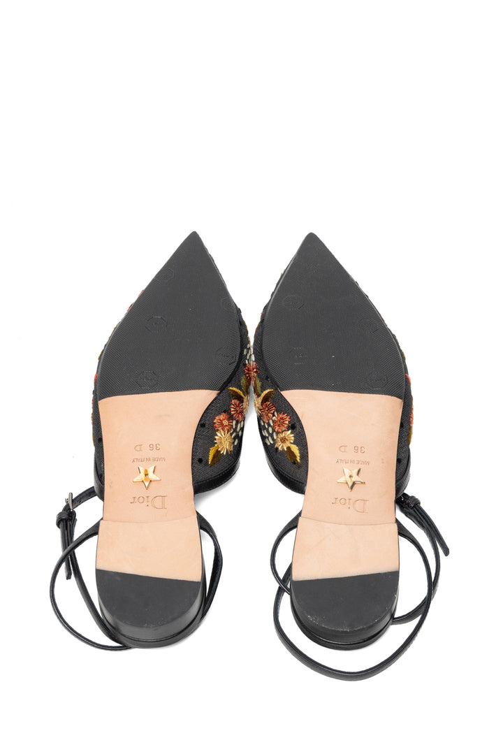 Dior Size 36 Floral Embroidered Mesh & Leather Ankle Strap Flats