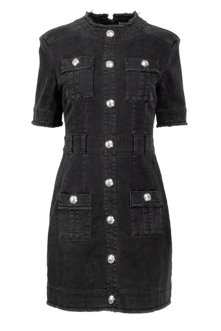Balmain Size 42 Mock Neck Distressed Denim Dress