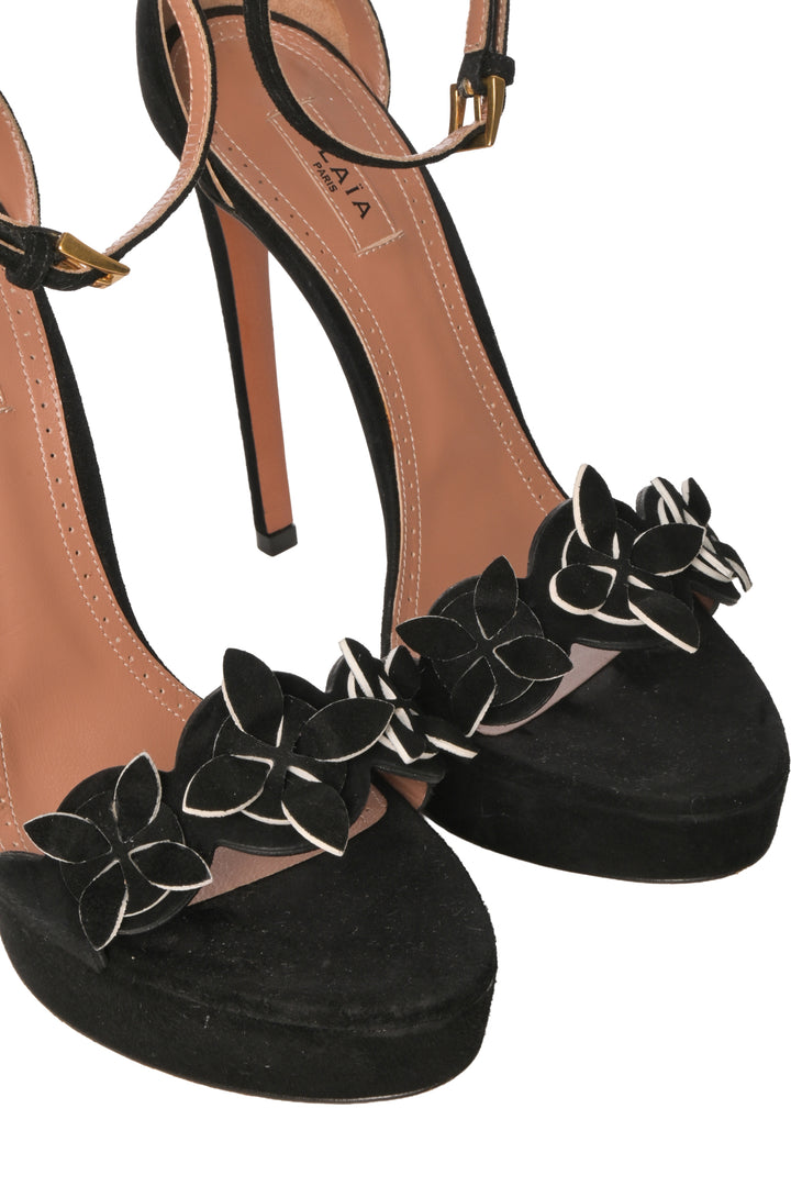 Alaia Size 36.5 Floral Applique Suede Heeled Sandals