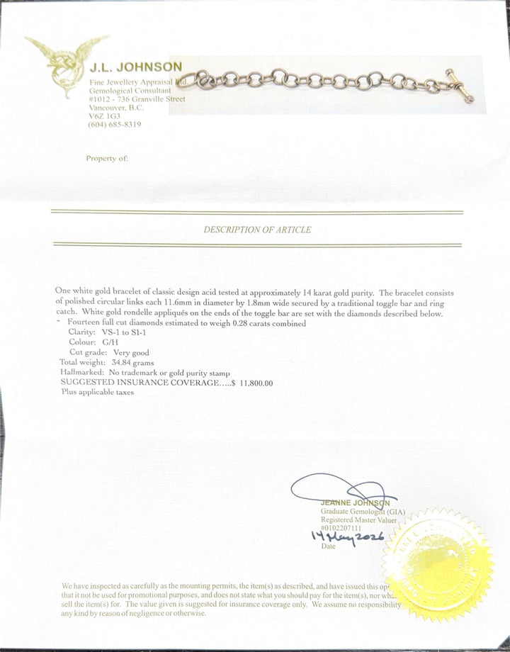 Stittgen 14K White Gold Diamond Toggle Bracelet