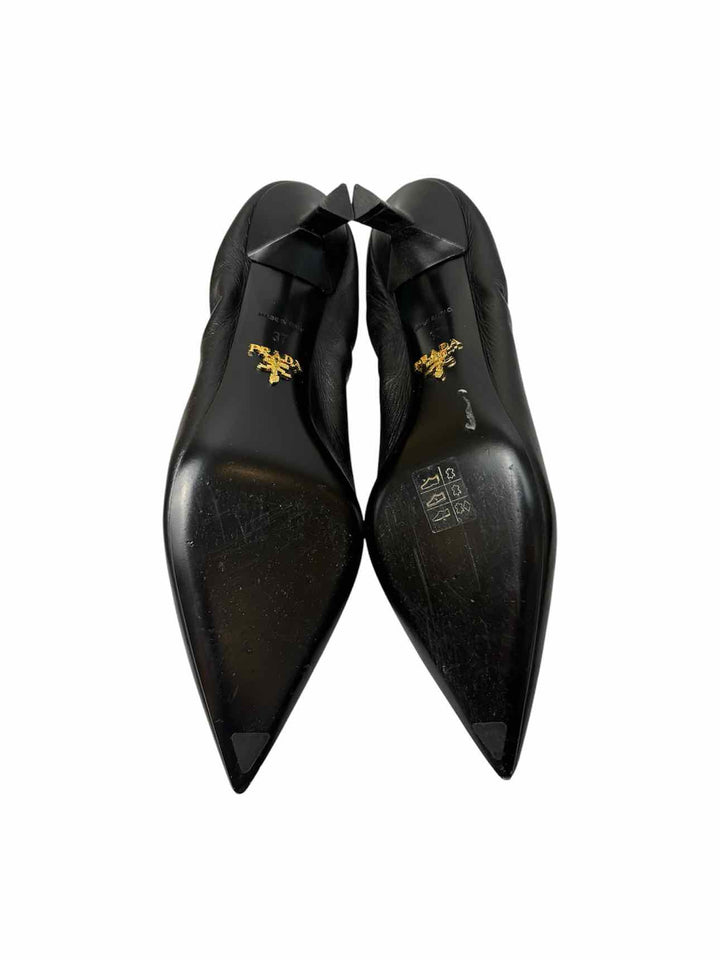 Prada Size 37 Logo Leather Kitten Heel Pumps