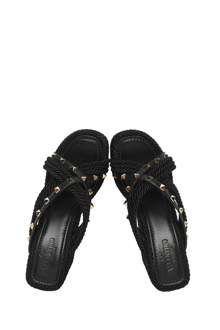Valentino Size 38 Square Toe Pyramid Studded Espadrille Wedge Sandals