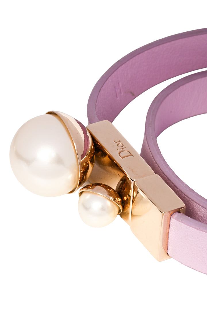 Dior Size M Faux Pearl Mise en Dior Leather Wrap Bracelet