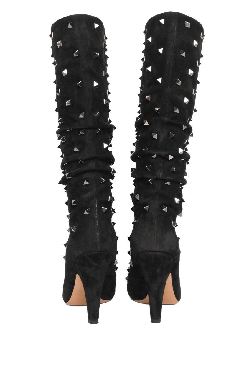 Valentino Size 36.5 Rockstud Accent Ruched Suede Knee Boots