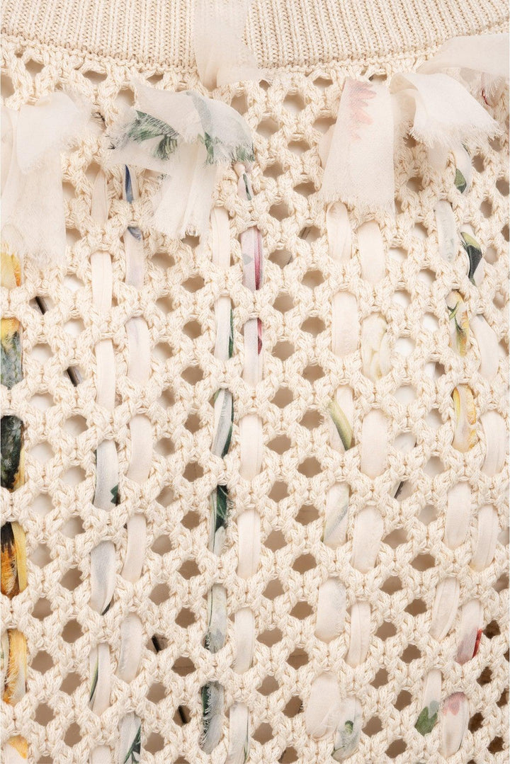 Oscar De La Renta Size L Floral Silk Woven Knit Sweater