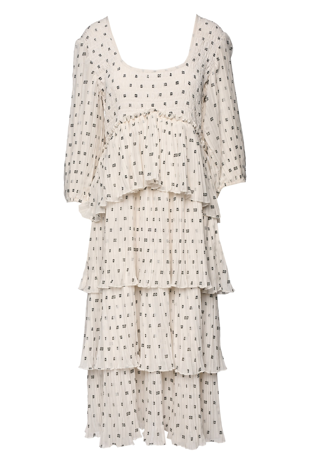Ganni Size 42 Monogram Print Pleated Midi Dress