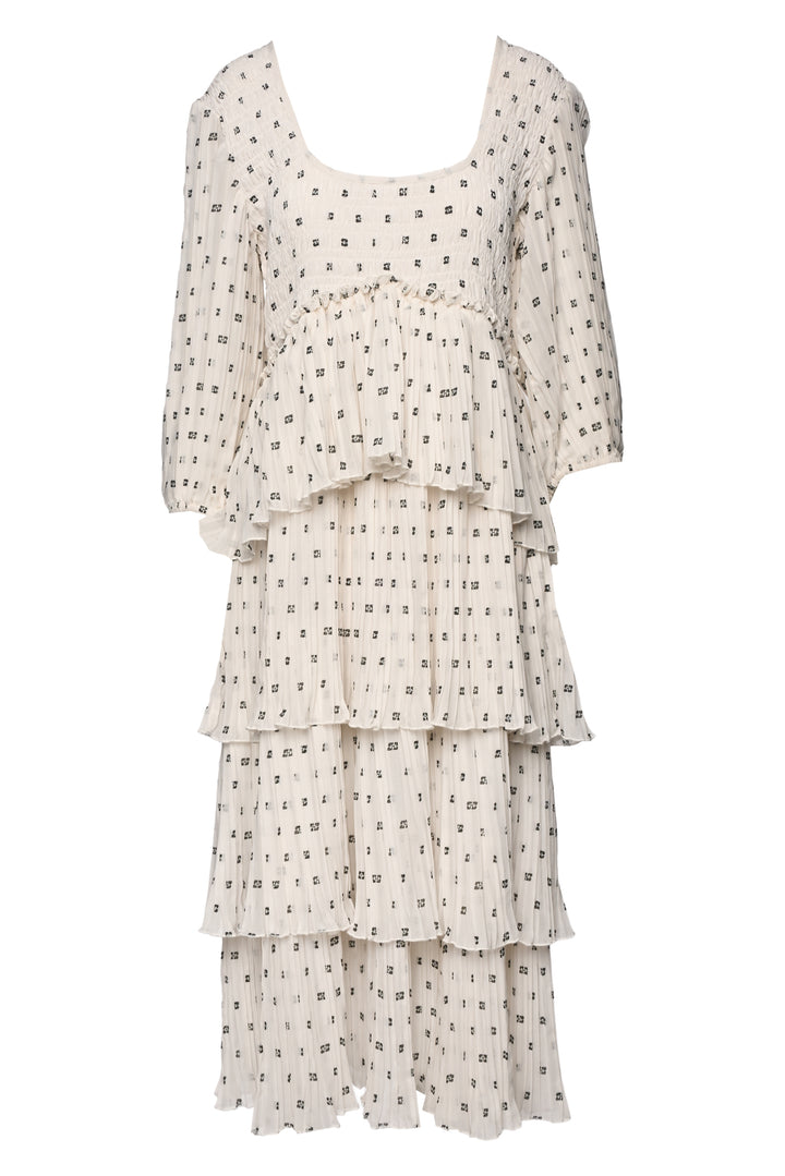 Ganni Size 42 Monogram Print Pleated Midi Dress