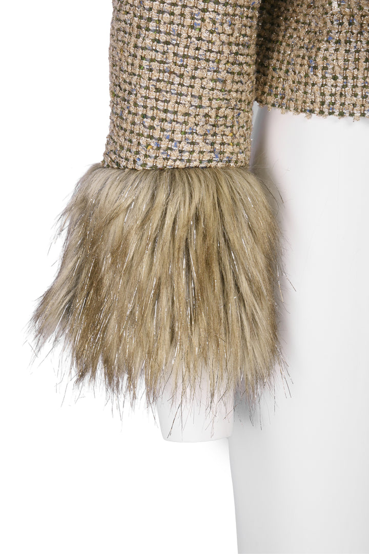 Chanel Size 40 2021 Faux Fur & Tweed Cropped Jacket
