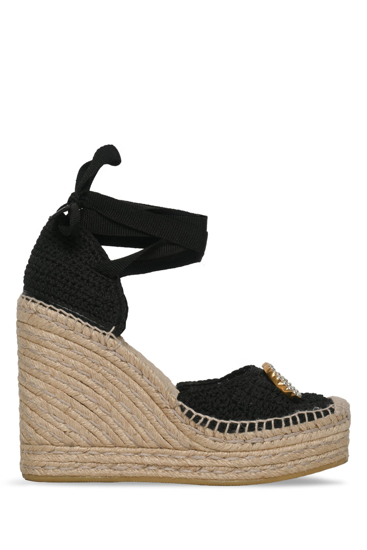 Gucci Size 36 Crochet Pearly GG Logo Ankle Wrap Platform Espadrille Wedges