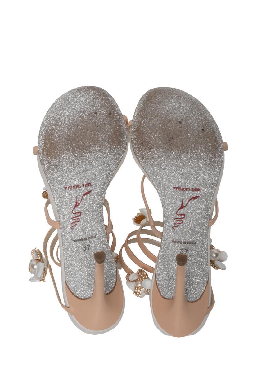Rene Caovilla Size 37 Embellished Flower Ankle Coil Heeled Sandals
