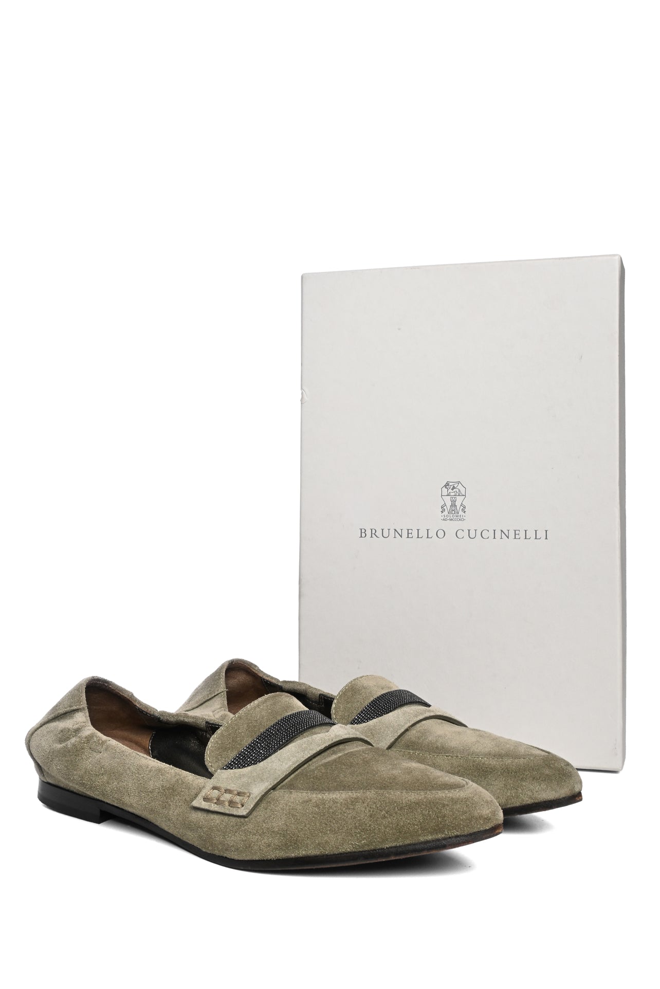 Brunello Cucinelli Size 37.5 Monili Embellished Suede Loafers