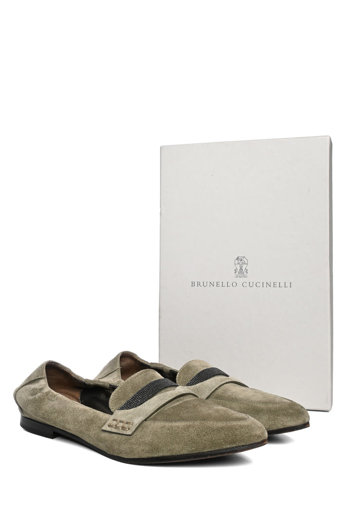 Brunello Cucinelli Size 37.5 Monili Embellished Suede Loafers
