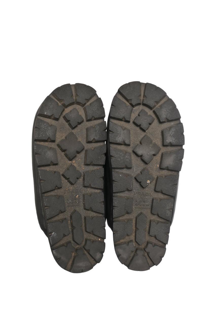 Prada Size 38 Lug Sole Triangle Logo Soft Padded Nappa Leather Mules