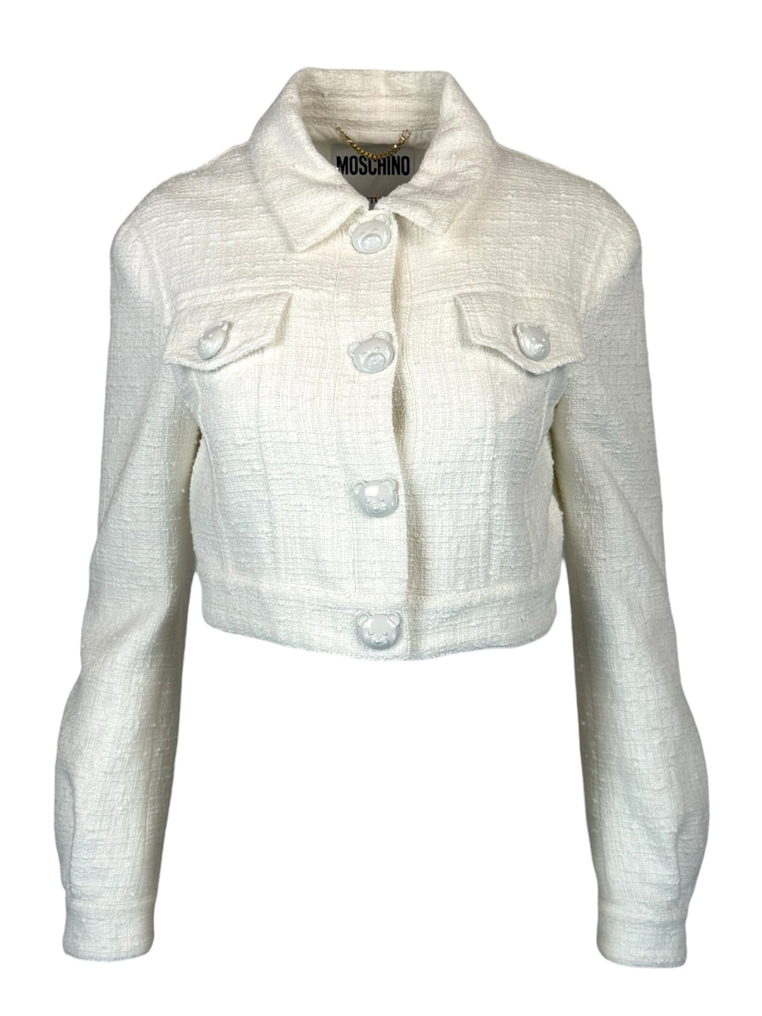 Moschino Couture Size 8 Tweed Teddy Button Detail Crop Jacket
