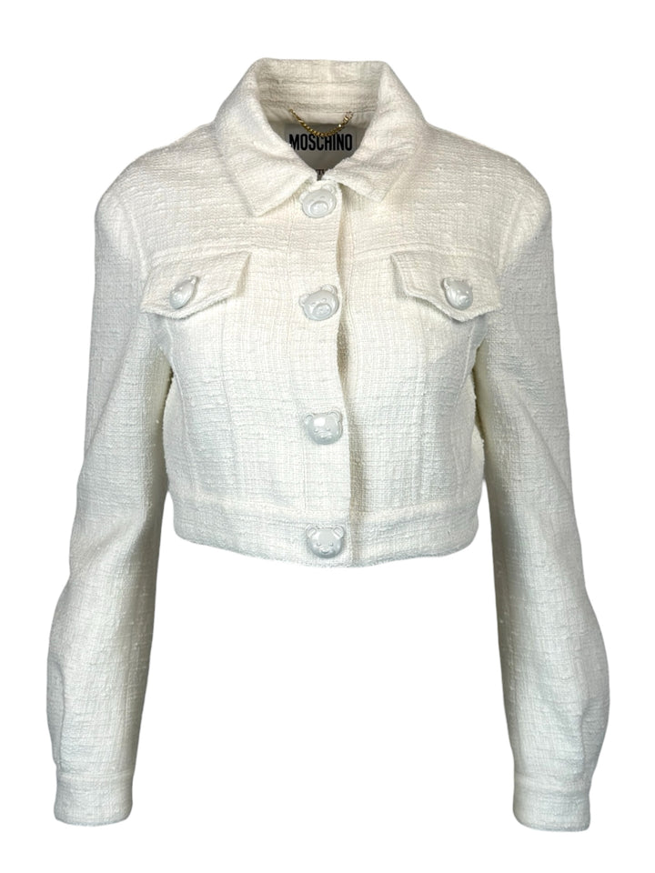 Moschino Couture Size 8 Tweed Teddy Button Detail Crop Jacket