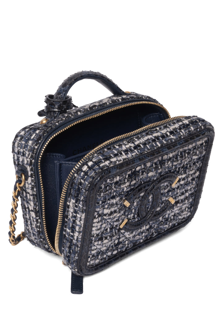 Chanel 2018 Tweed, Python & Calfskin Small CC Filigree Vanity Case Shoulder Bag