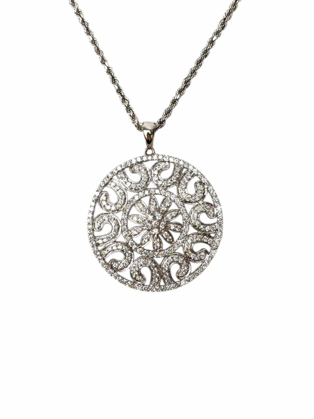 14K White Gold & Diamond Floral Filigree Pendant Necklace