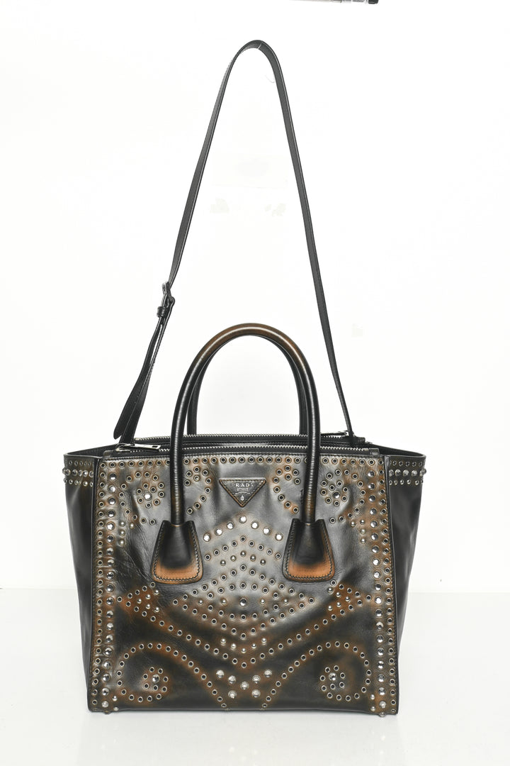 Prada Vitello Vintage Grommet Crystal Twin Tote