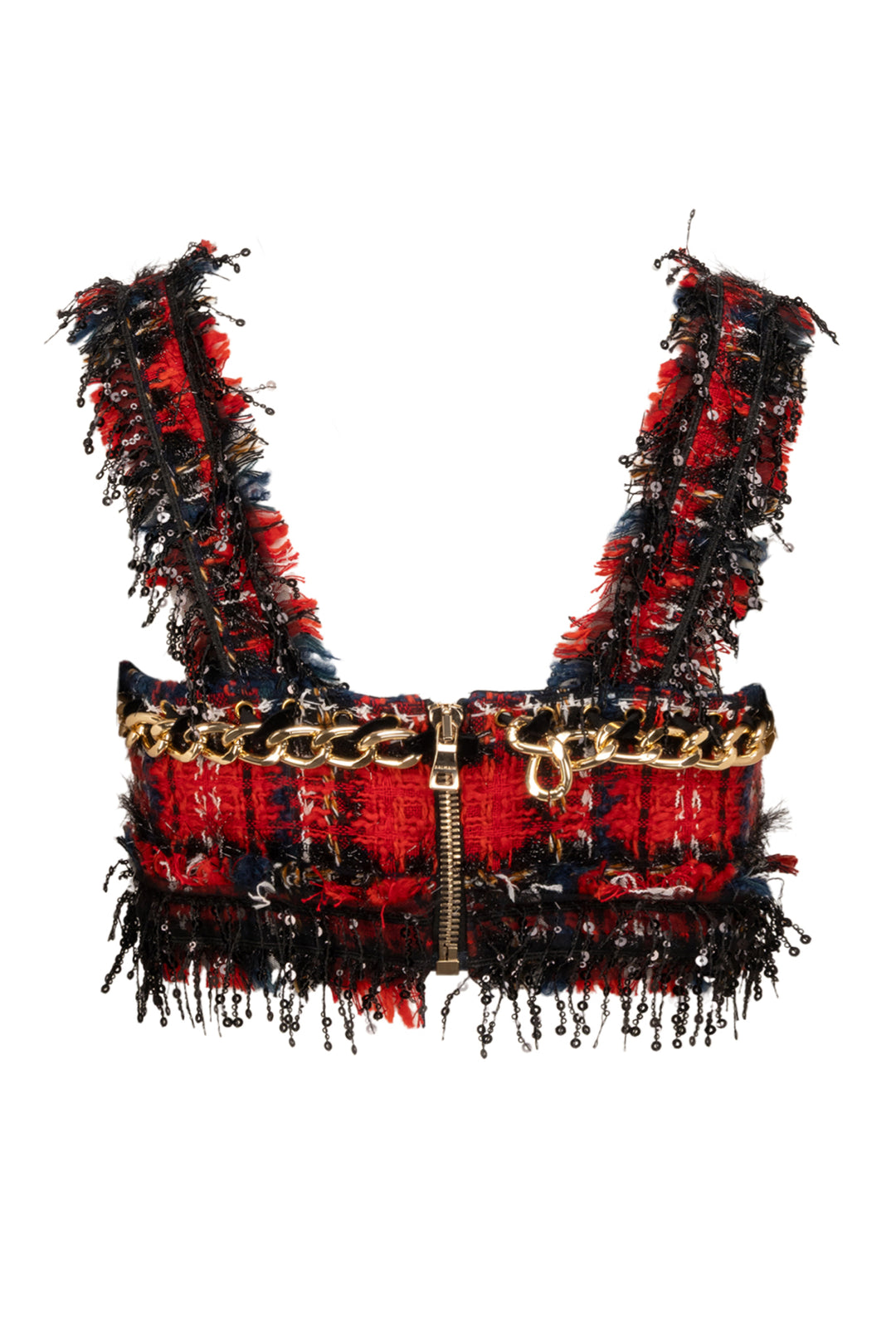 Balmain Size 39 Frayed Check Tweed & Chain Bra Top