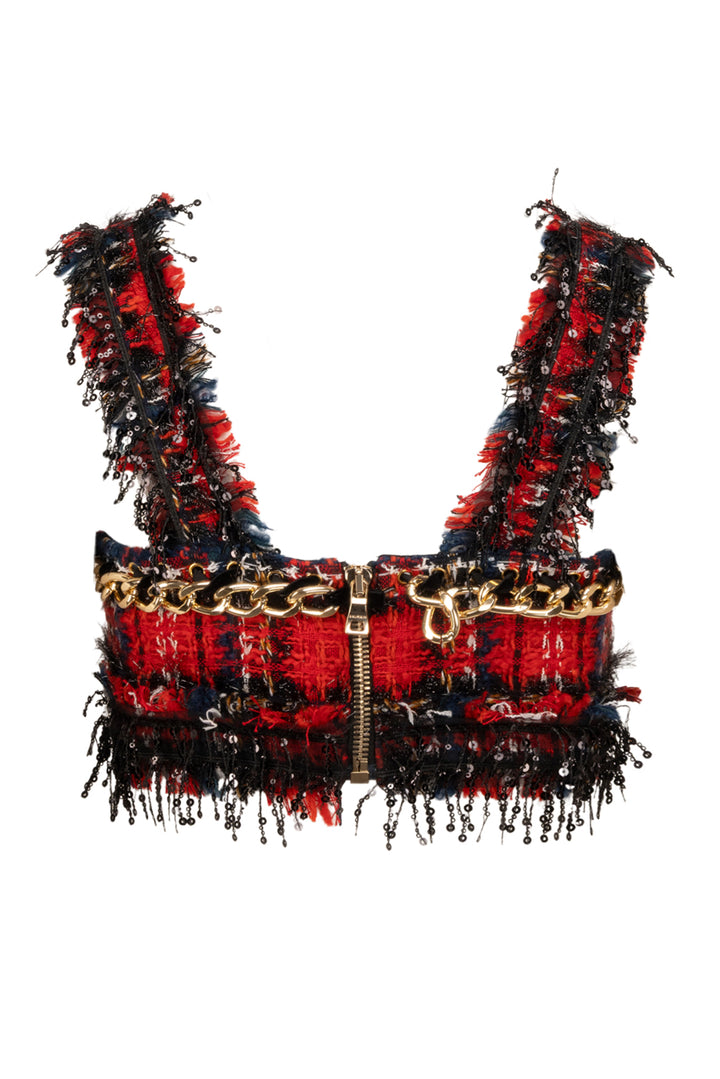 Balmain Size 39 Frayed Check Tweed & Chain Bra Top