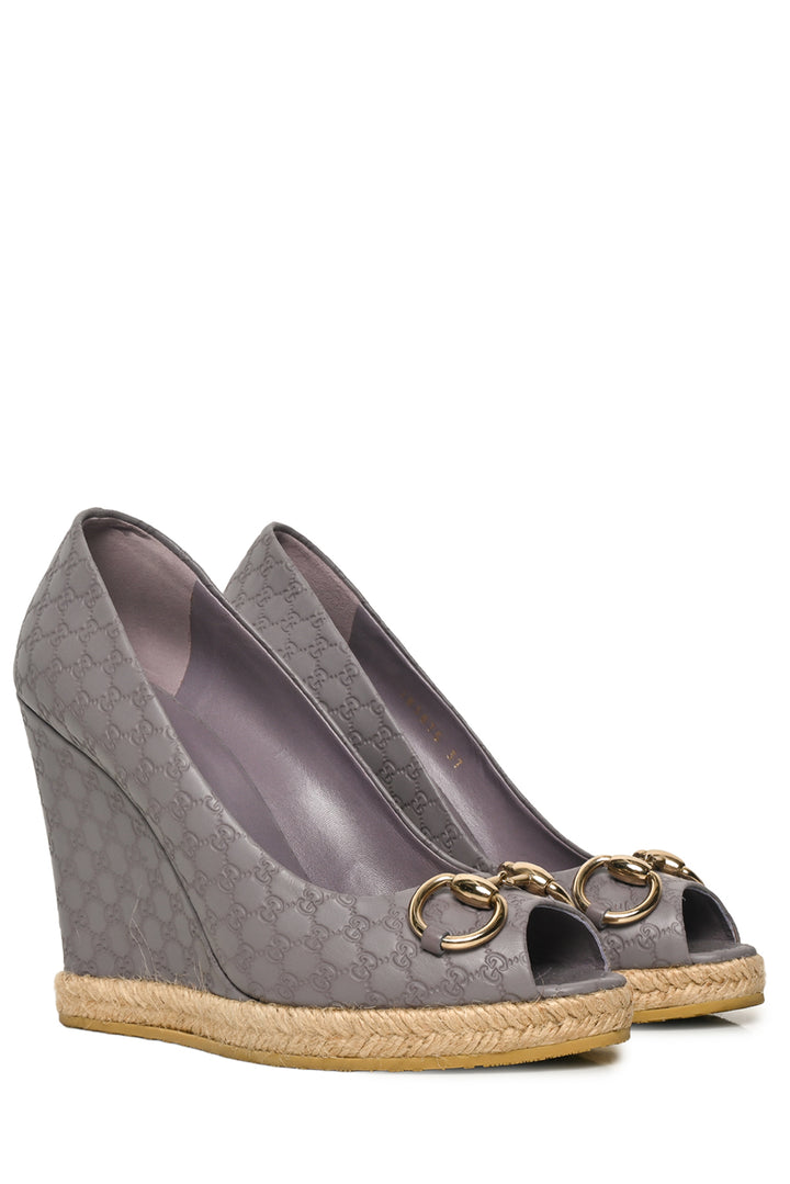 Gucci Size 37 Charlotte Microguccissima Horsebit Peep Toe Wedge