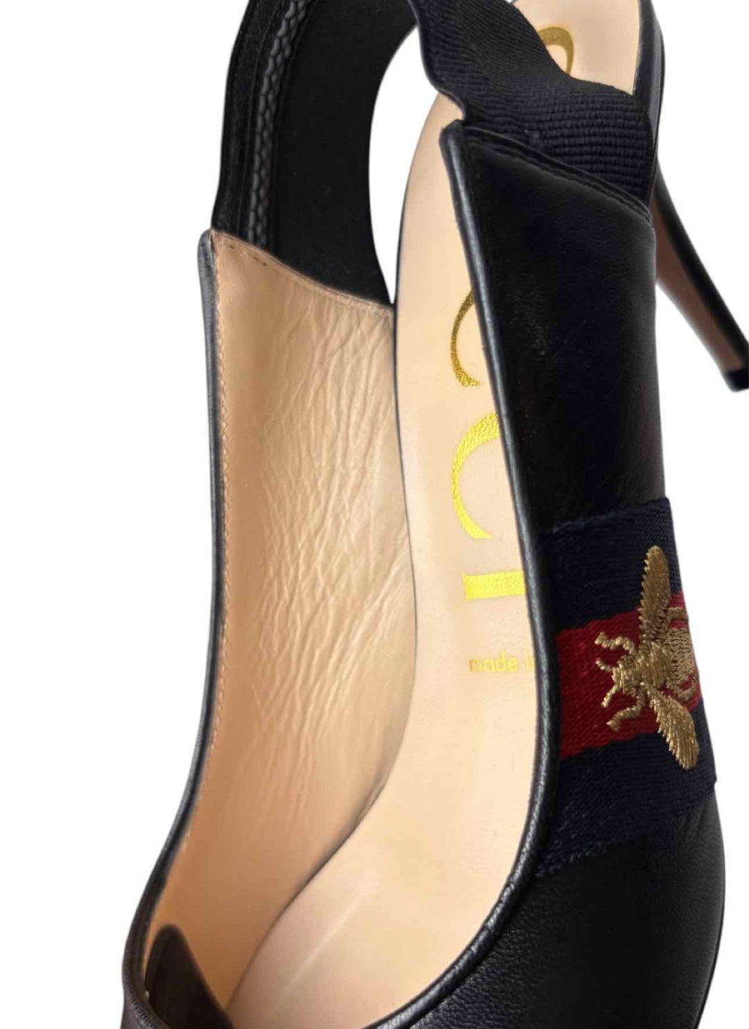 Gucci Size 38 Sylvie Web Embroidered Bee Leather Slingback Pumps