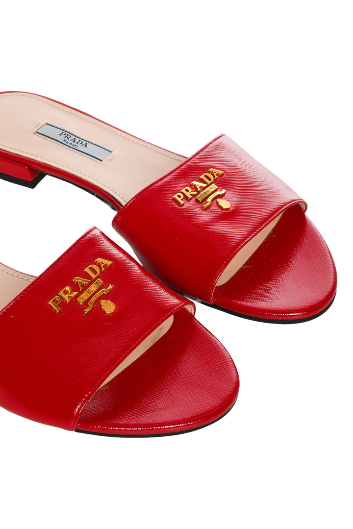 Prada Size 37.5 Saffiano Patent Leather Logo Slides