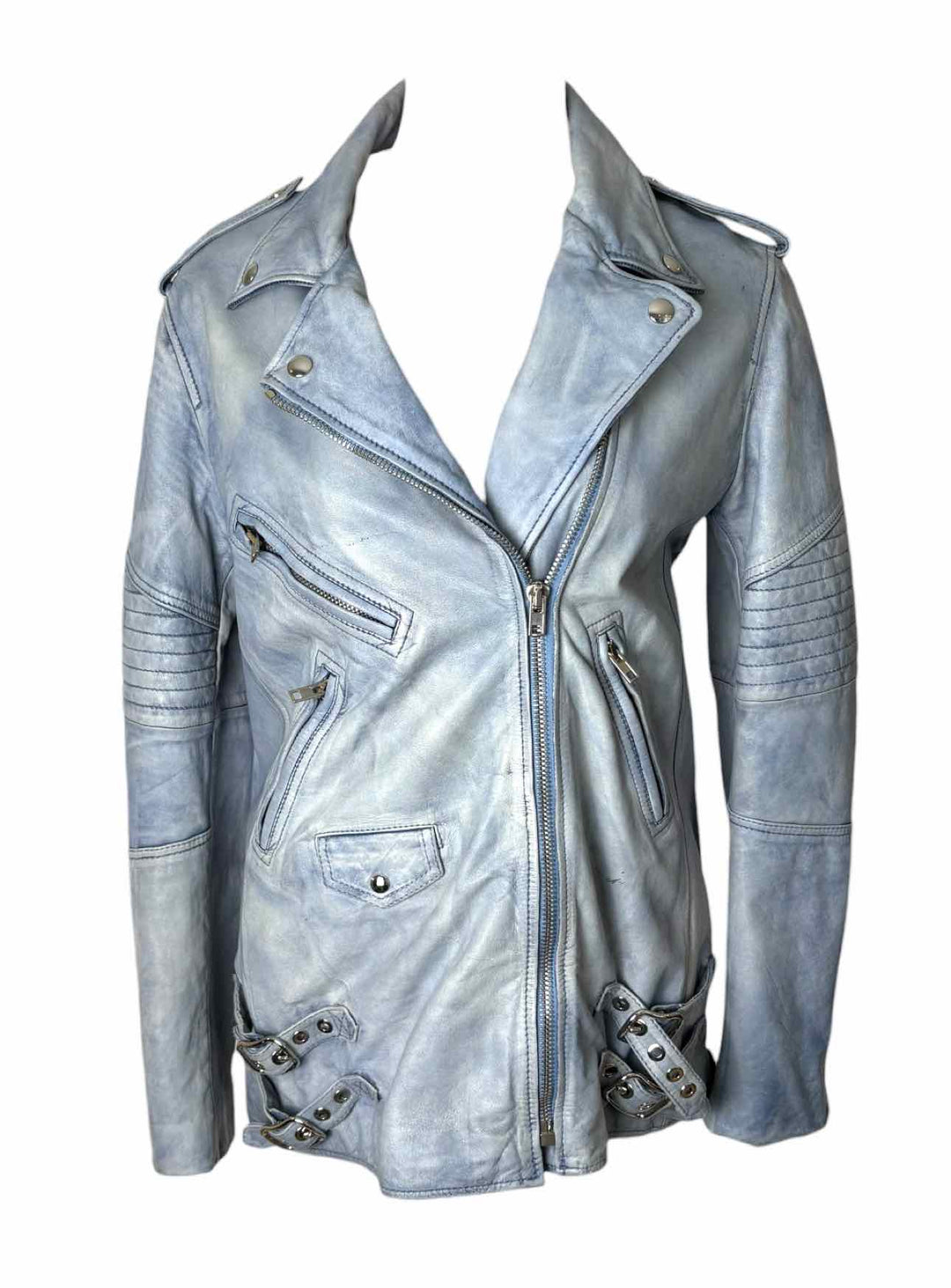 Alexander Wang Size 4 Blue Distressed Leather Moto Jacket