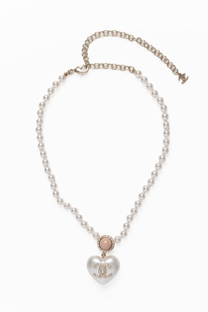 Chanel 2021 Strass Faux Pearl Heart CC Pendant Necklace