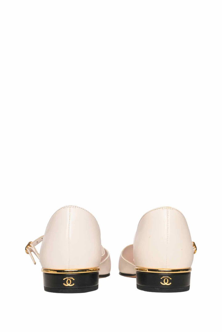 Chanel Size 36 Leather CC Cap Toe Ankle Strap Flats