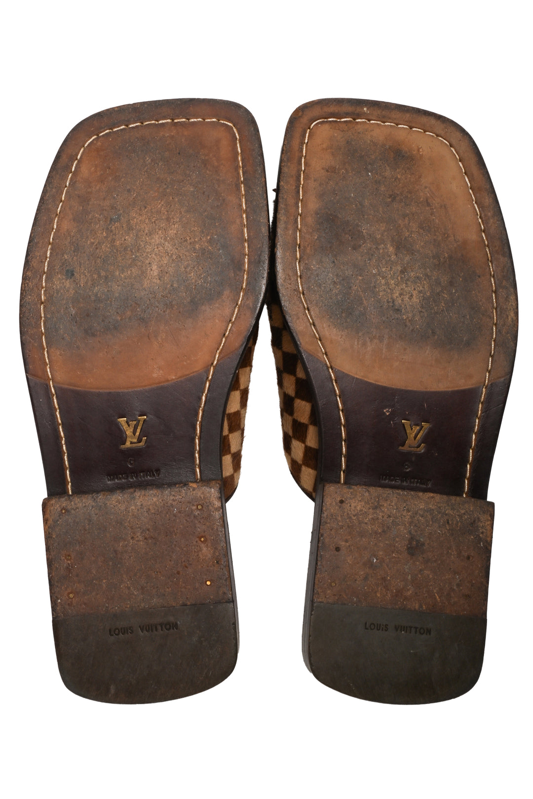 Louis Vuitton Size 8.5 Damier Ebene Print Calf Hair Slide Sandals