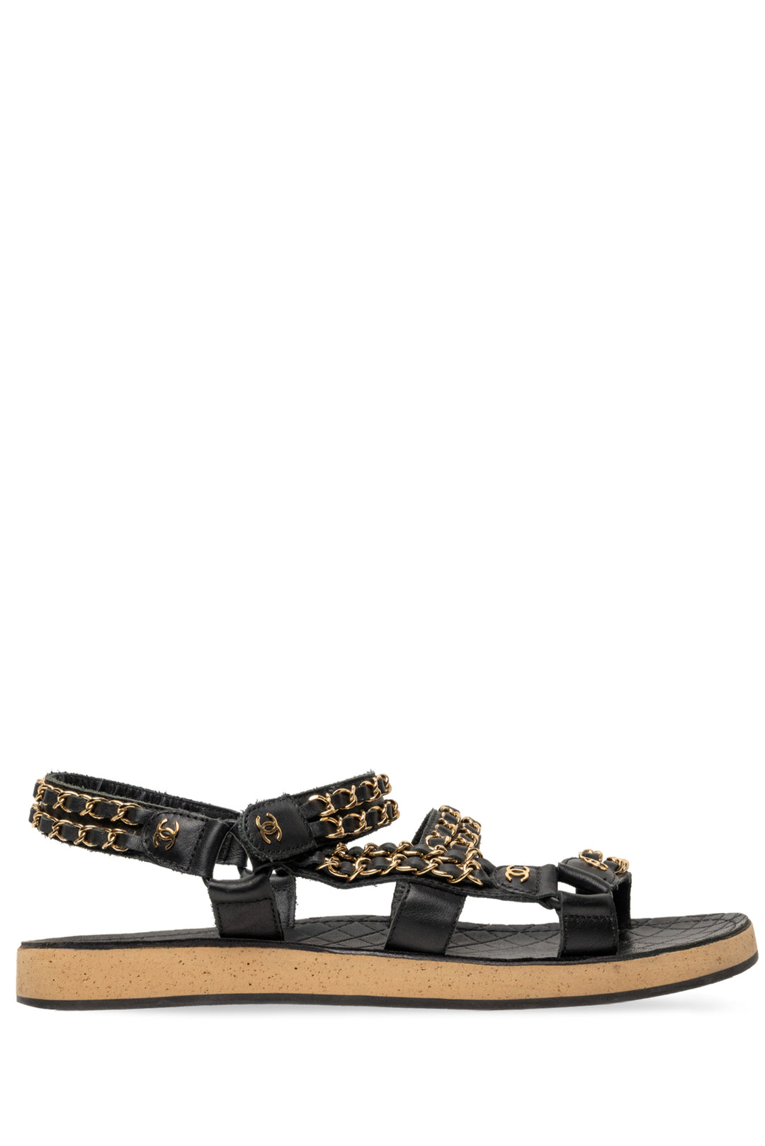 Chanel Size 40 2019 Chain Accent CC Logo Leather & Cork Flat Slingback Sandals