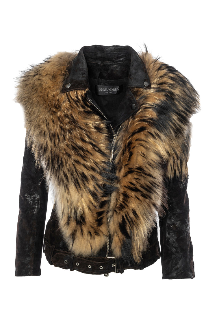 Balmain Size 34 Leather & Fur Jacket