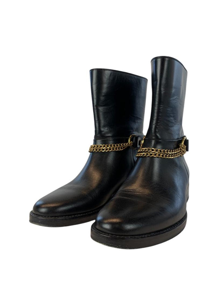 Lanvin Size 40 Leather Chain-Link Accents Moto Boots