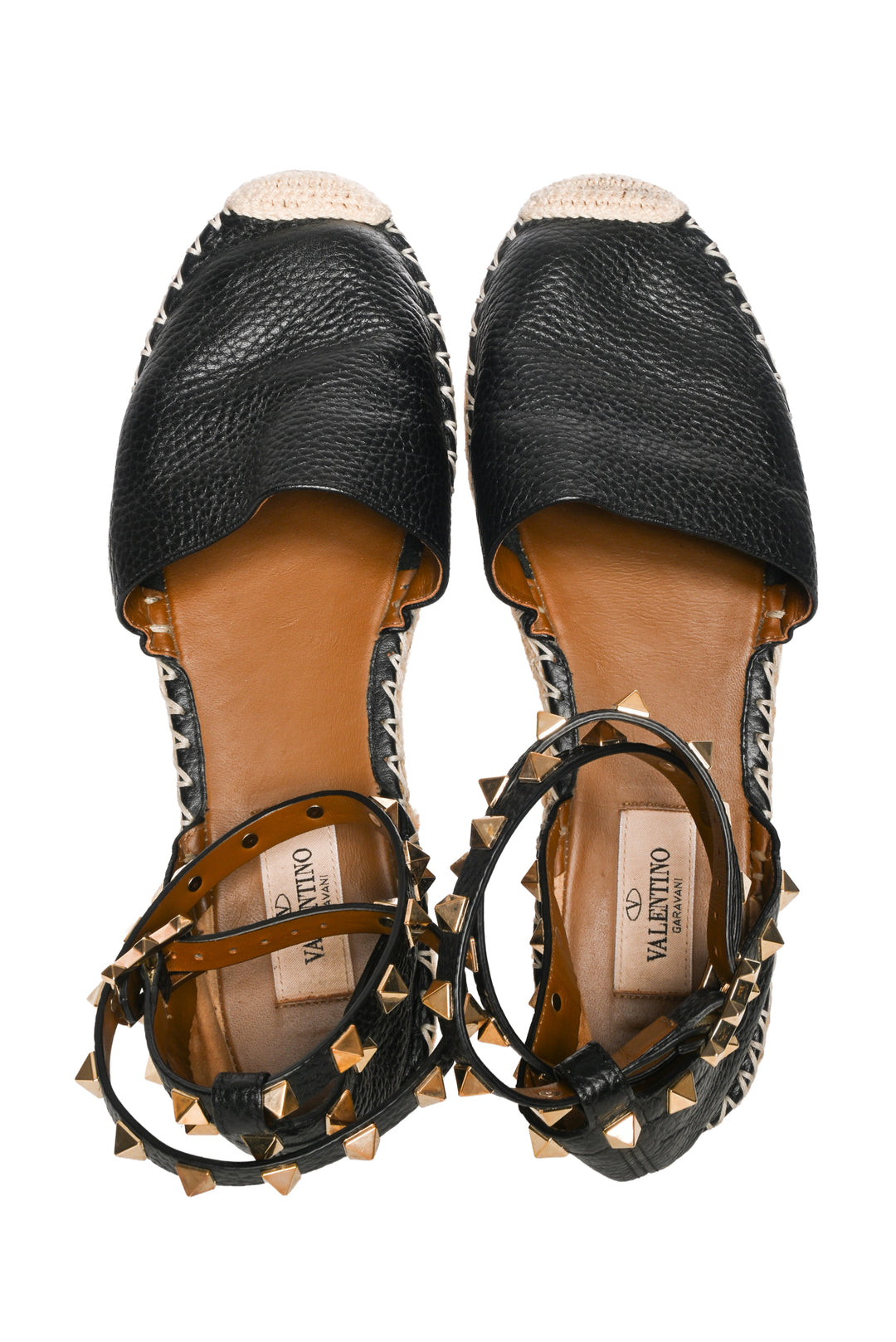 Valentino Size 37 Leather Rockstud Ankle Wrap Espadrille Sandals