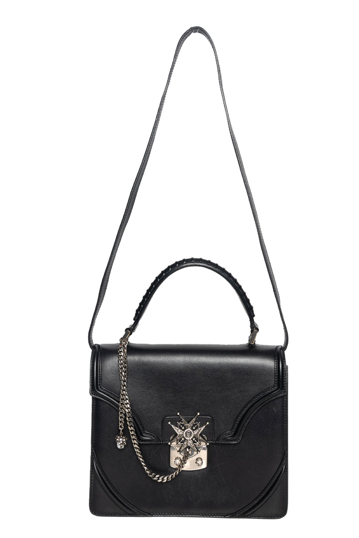 Alexander Mcqueen Calfskin Chain Crystal Flower Satchel