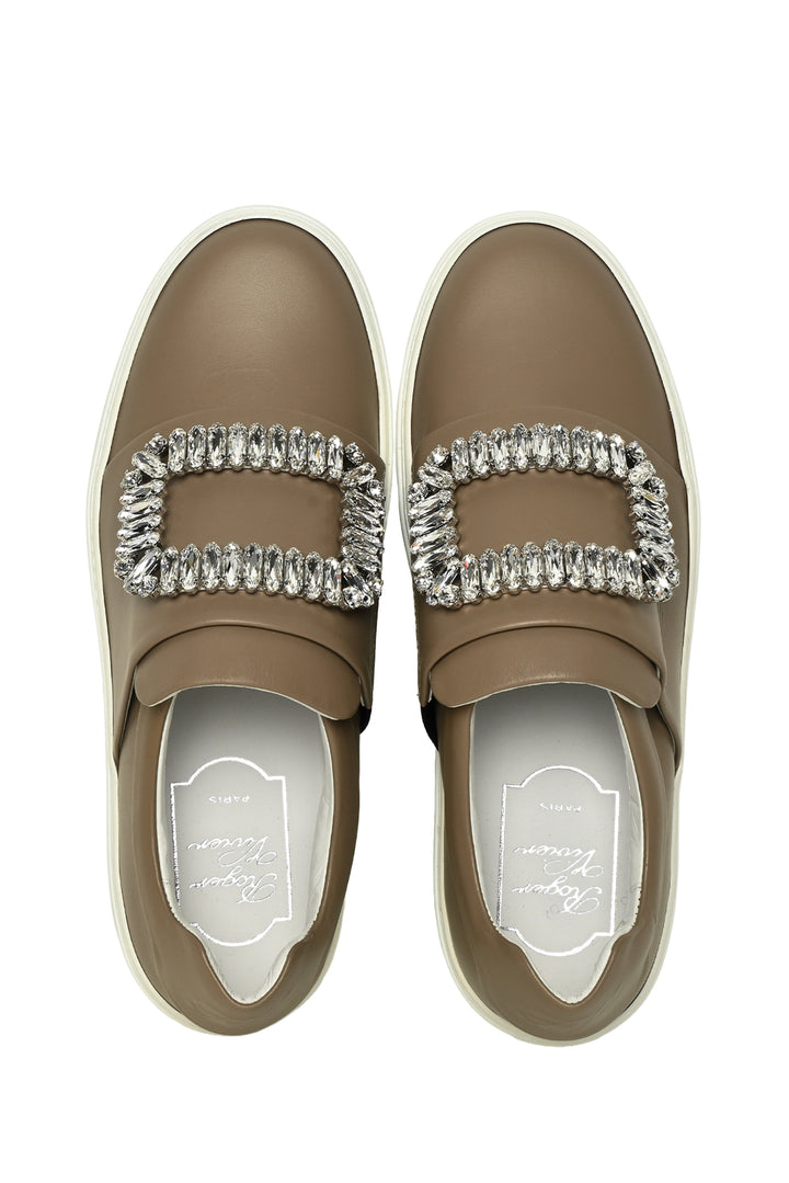 Roger Vivier Size 35 Leather Crystal Buckle Slip On Sneaker
