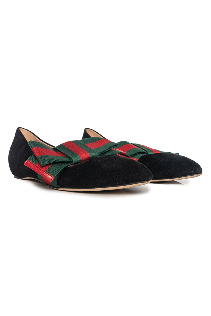 Gucci Size 35.5 Suede Web Bow Flats