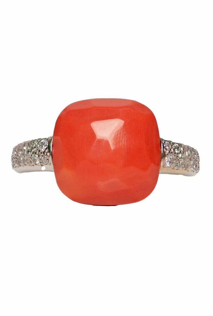 Pomellato Size 8 18K White Gold, Diamond & Coral Nudo Ring