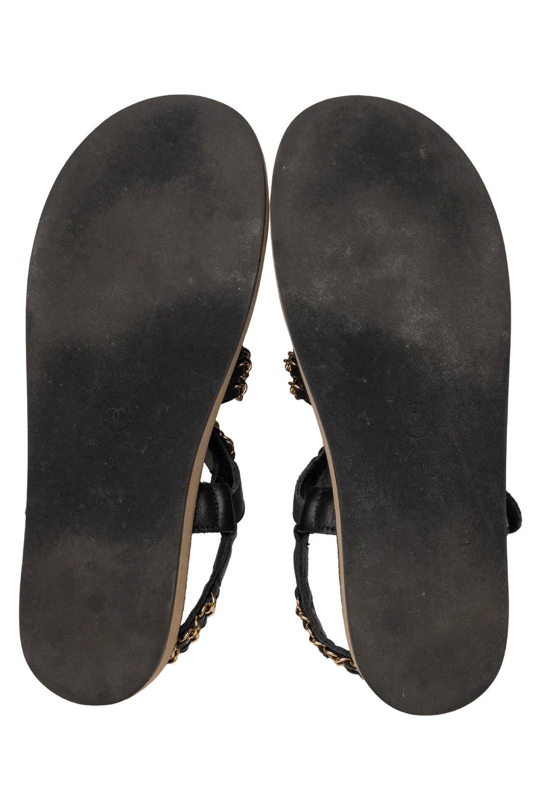 Chanel Size 40 2019 Chain Accent CC Logo Leather & Cork Flat Slingback Sandals