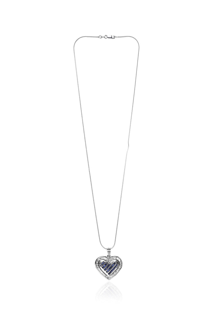 14K White Gold Necklace with Sapphire and Diamond Heart Pendant