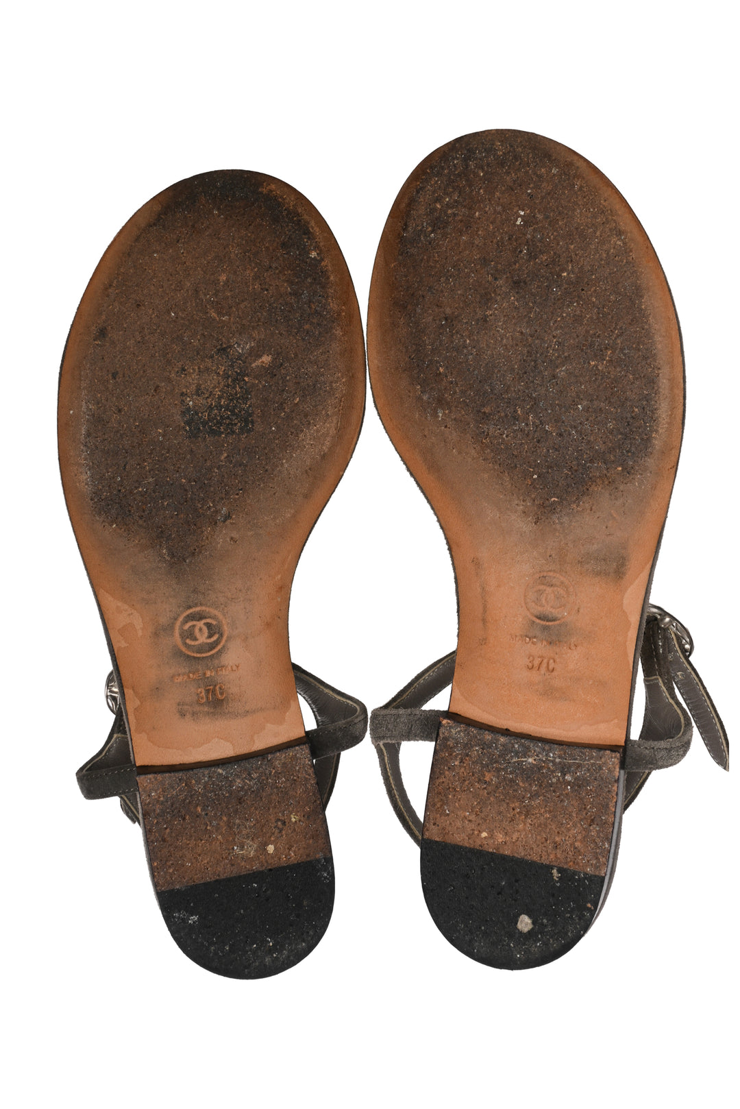 Chanel Size 37 CC Logo Suede T-Strap Sandals